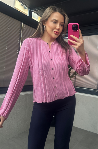 Simli İnce Dokuma Detaylı Koyu Pembe Triko Hırka