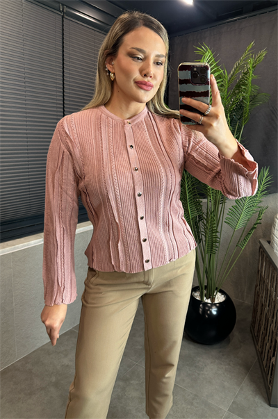 Simli İnce Dokuma Detaylı Pembe Triko Hırka