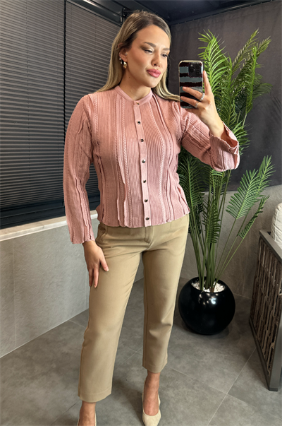 Simli İnce Dokuma Detaylı Pembe Triko Hırka