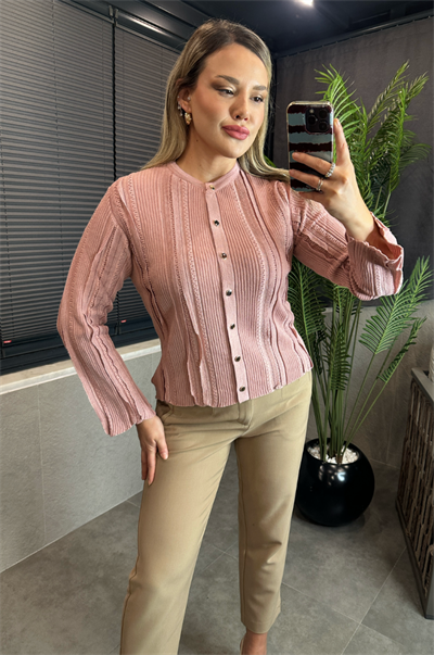 Simli İnce Dokuma Detaylı Pembe Triko Hırka