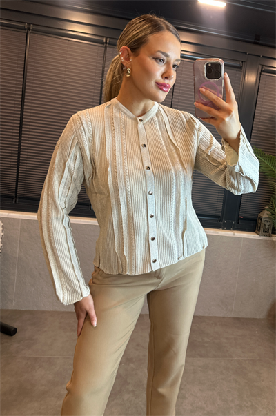Simli İnce Dokuma Detaylı Vizon Rengi Triko Hırka