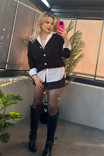 Siyah Fitilli Oversize Basic Örme Hırka