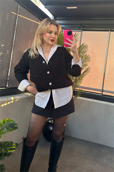 Siyah Fitilli Oversize Basic Örme Hırka