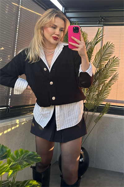Siyah Fitilli Oversize Basic Örme Hırka