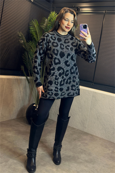 Siyah Leopar Desenli Simli Kazak