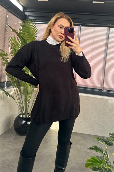 Siyah Yarı Boğazlı Fitilli Oversize Kazak