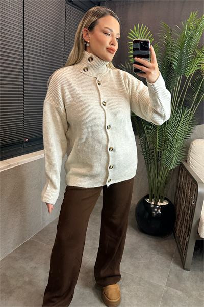 Taş Rengi Dik Yaka Örgü Hırka