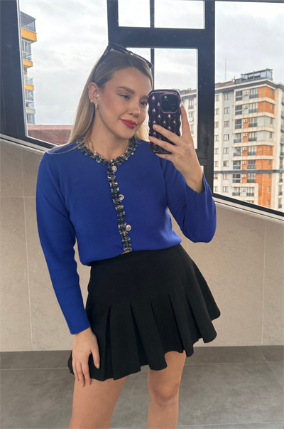 Tüvit Süslemeli Özel İşleme Düğmeli Saks Mavi Hırka