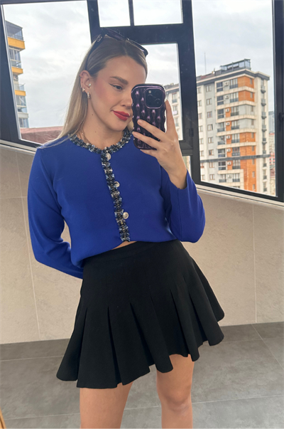 Tüvit Süslemeli Özel İşleme Düğmeli Saks Mavi Hırka