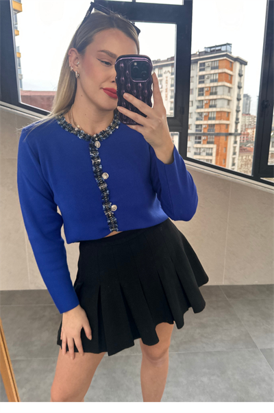 Tüvit Süslemeli Özel İşleme Düğmeli Saks Mavi Hırka