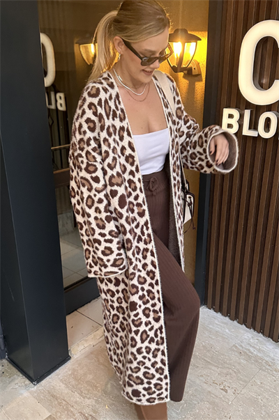 Winter Ekru Leopar Maxi Hırka