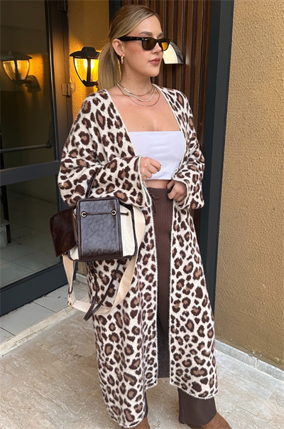 Winter Ekru Leopar Maxi Hırka