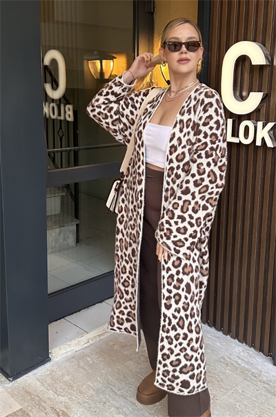 Winter Ekru Leopar Maxi Hırka