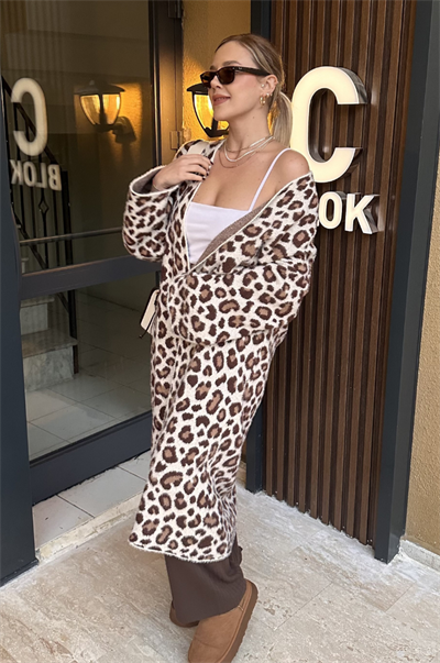 Winter Ekru Leopar Maxi Hırka