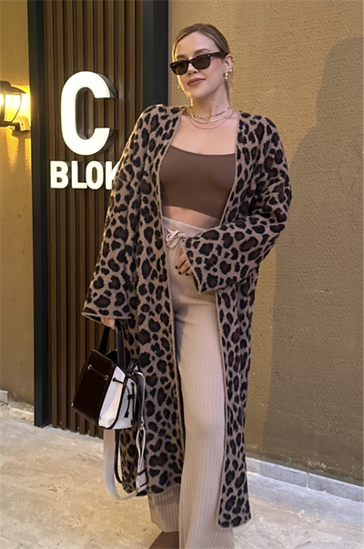 Winter Kahverengi  Leopar Maxi Hırka