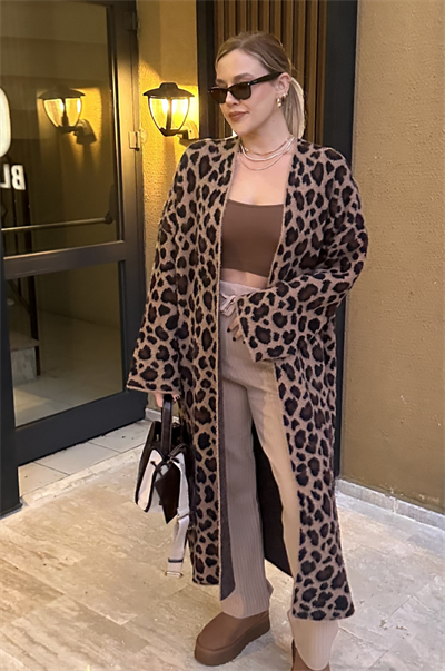 Winter Kahverengi  Leopar Maxi Hırka