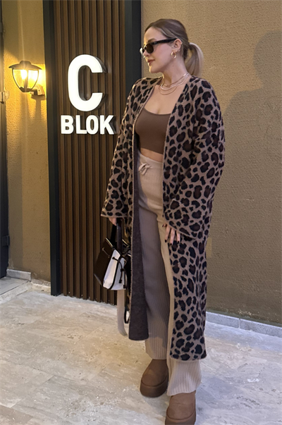 Winter Kahverengi  Leopar Maxi Hırka