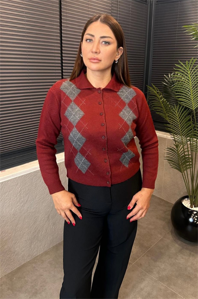 Yaka Detaylı Baklava Desenli Bordo Hırka