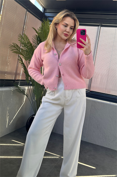 Yaka Detaylı Gümüş Taş Düğmeli Pembe Hırka