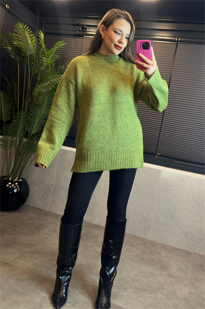 Yeşil Oversize Bisiklet Yaka Yumoş Uzun Kazak