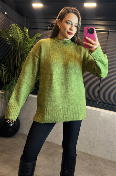 Yeşil Oversize Bisiklet Yaka Yumoş Uzun Kazak