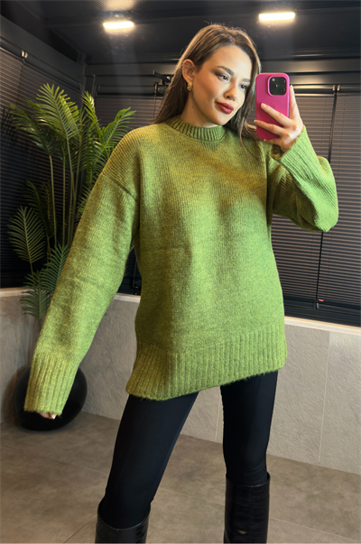 Yeşil Oversize Bisiklet Yaka Yumoş Uzun Kazak
