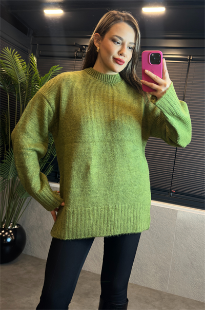 Yeşil Oversize Bisiklet Yaka Yumoş Uzun Kazak