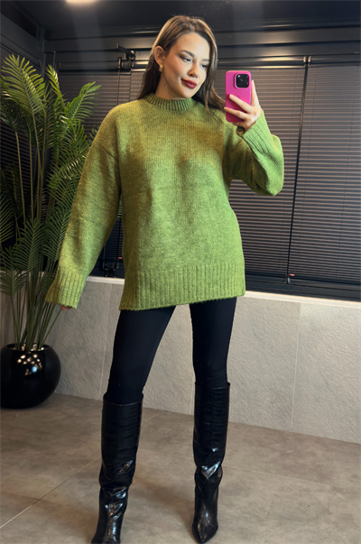 Yeşil Oversize Bisiklet Yaka Yumoş Uzun Kazak