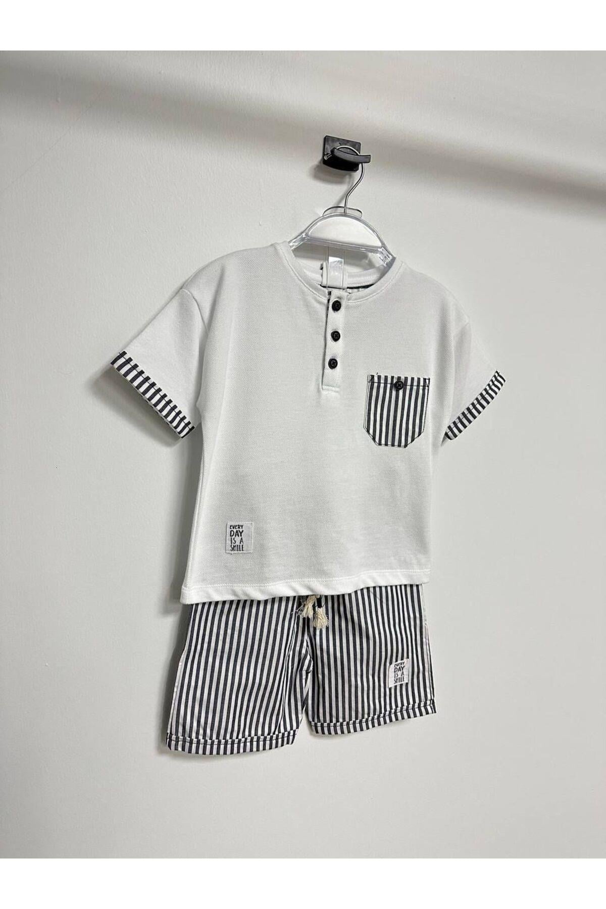 Çizgili Şort Tshirt Takım Beyaz Lacivert