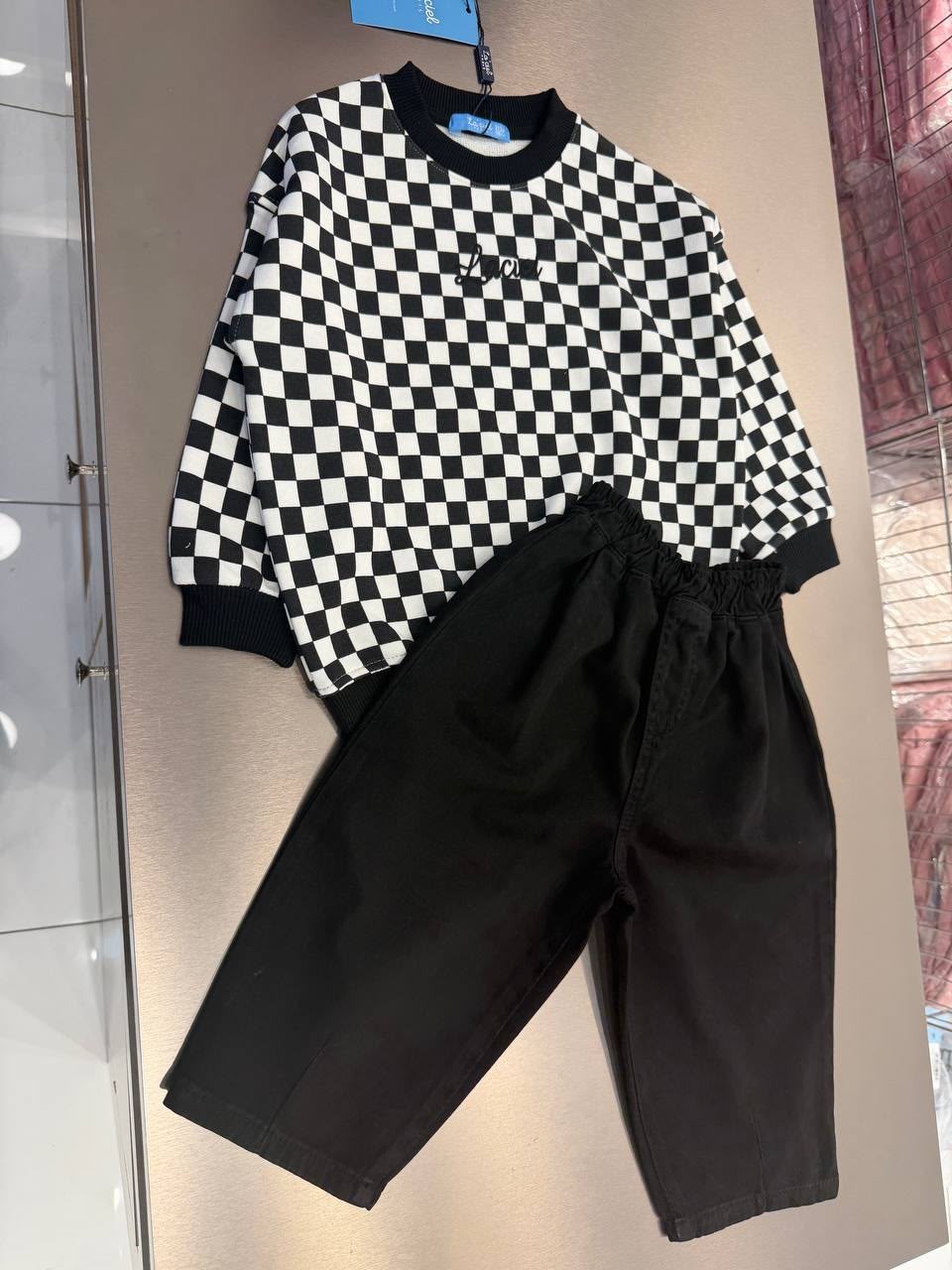 Erkek Çocuk Dama Desenli Oversize Sweatshirt Ve Denim Pantolon İkili Takım