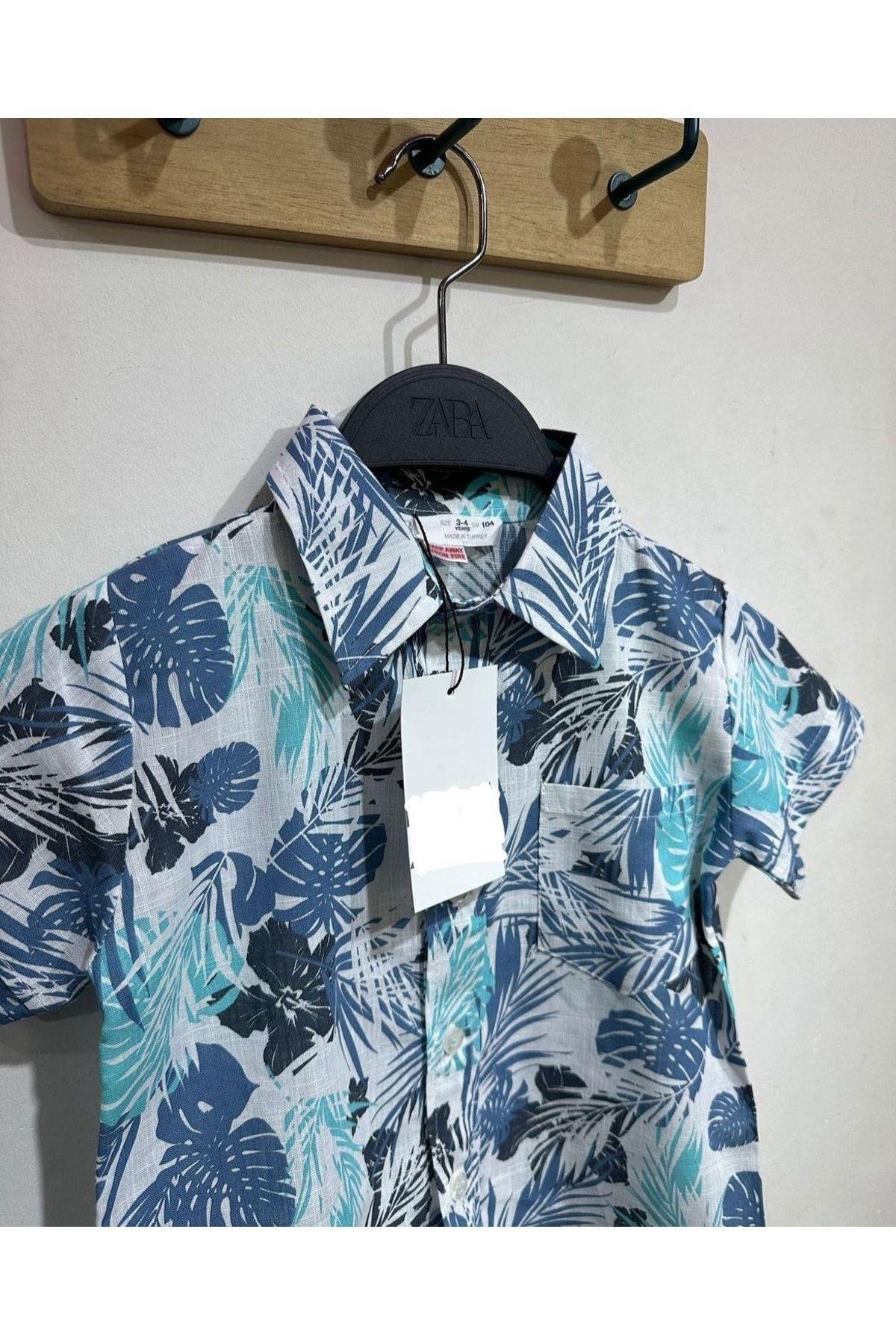 Erkek Çocuk Hawaii Desenli Kısa Kollu Yazlık Dokuma Gömlek Mavi