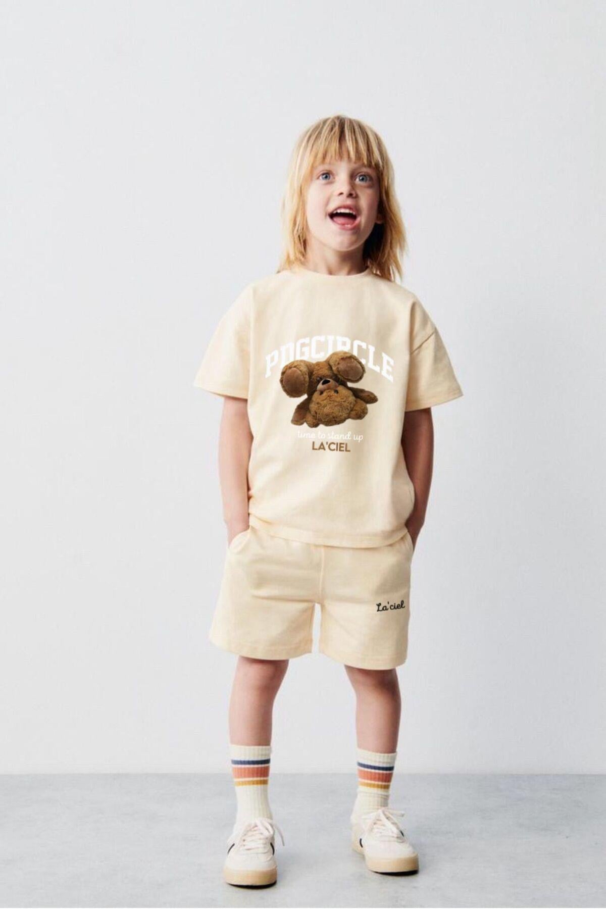 Erkek Çocuk Kahve Teddy Ayıcık Desenli Pamuklu T-Shirt Şort Alt-Üst Takım Kahve