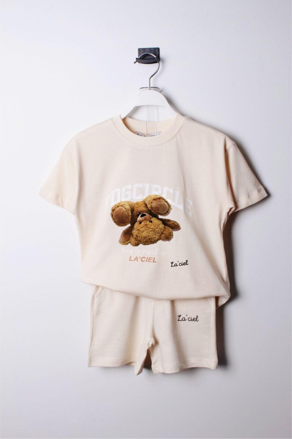 Erkek Çocuk Kahve Teddy Ayıcık Desenli Pamuklu T-Shirt Şort Alt-Üst Takım Kahve