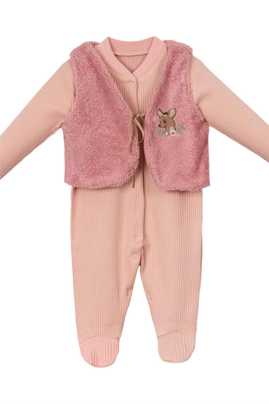Kız Bebek Geyik Nakışlı Kürk Yelekli Tulum Pembe