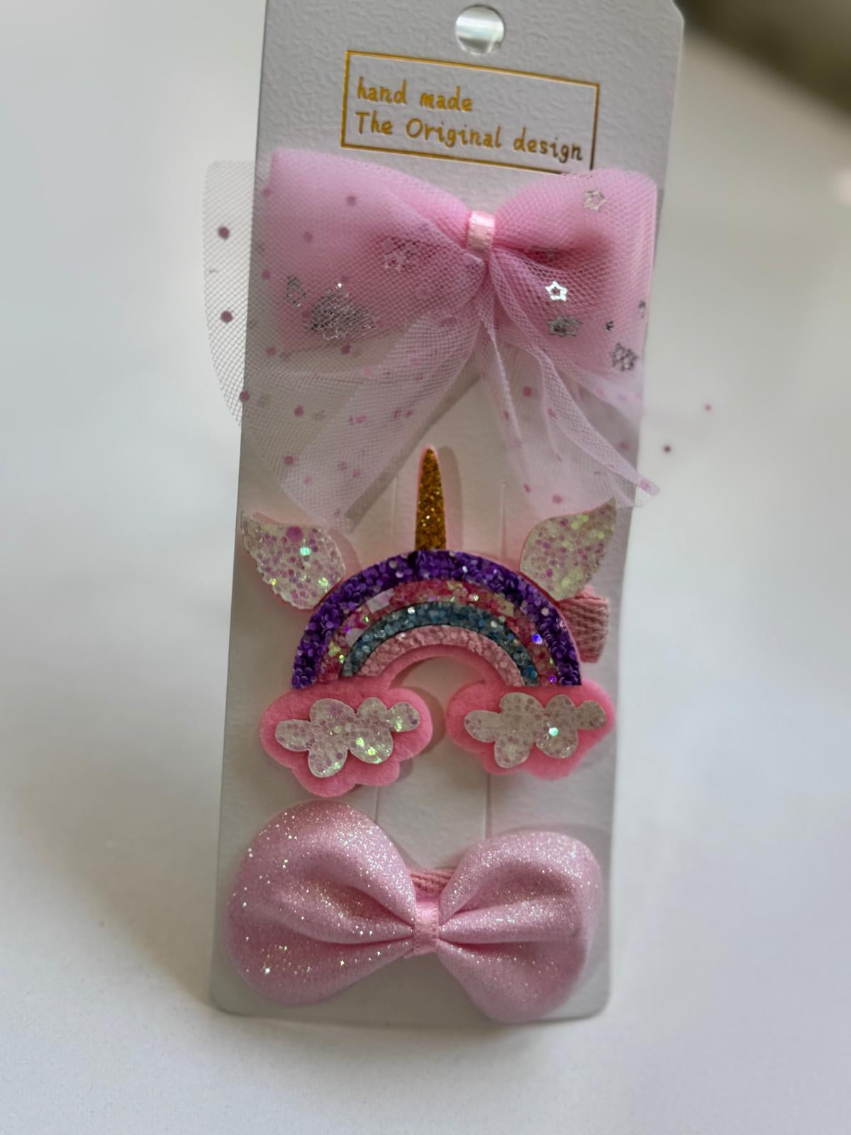 Kız Çocuk 3 lü Unicorn Klips Toka Açık Pembe