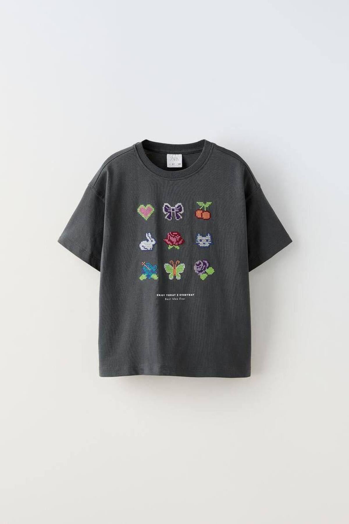 Kız Çocuk İşleme Detaylı T-Shirt Antrasit