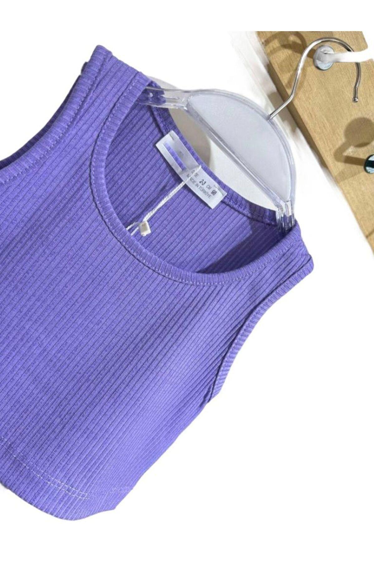 Kız Çocuk Kolsuz Fitilli Crop Top Bluz Mor