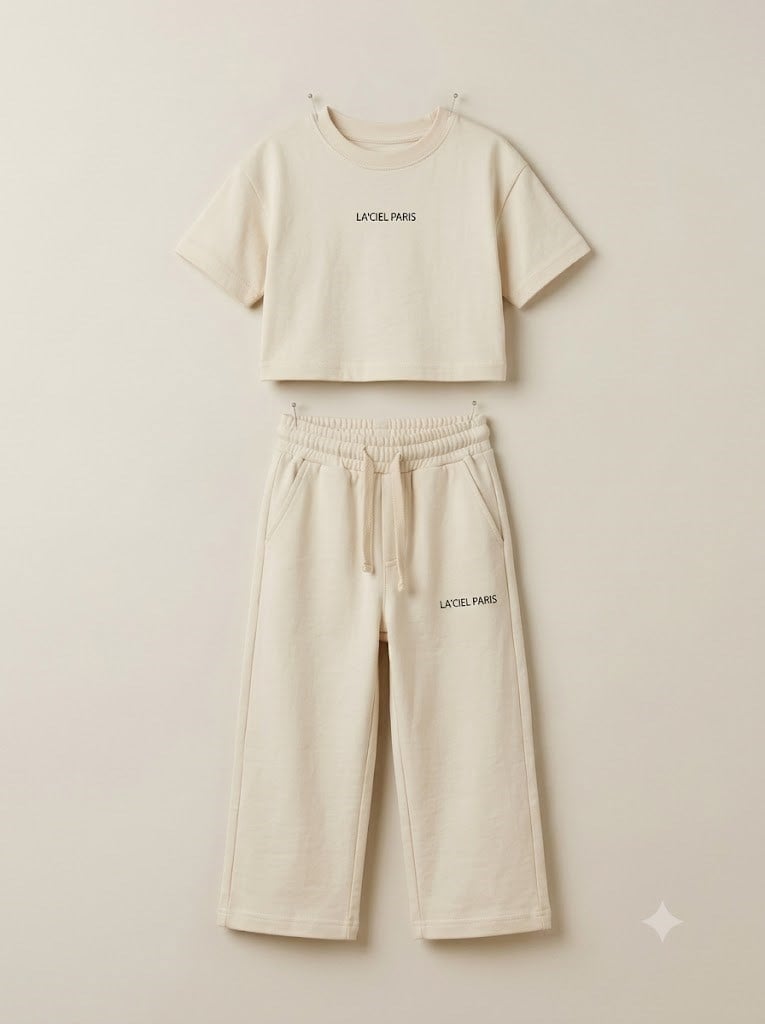 Kız Çocuk Krem İkili Takım - Yazılı Basic Crop T-Shirt ve Lastikli Rahat Kesim Pantolon Alt Üst Set
