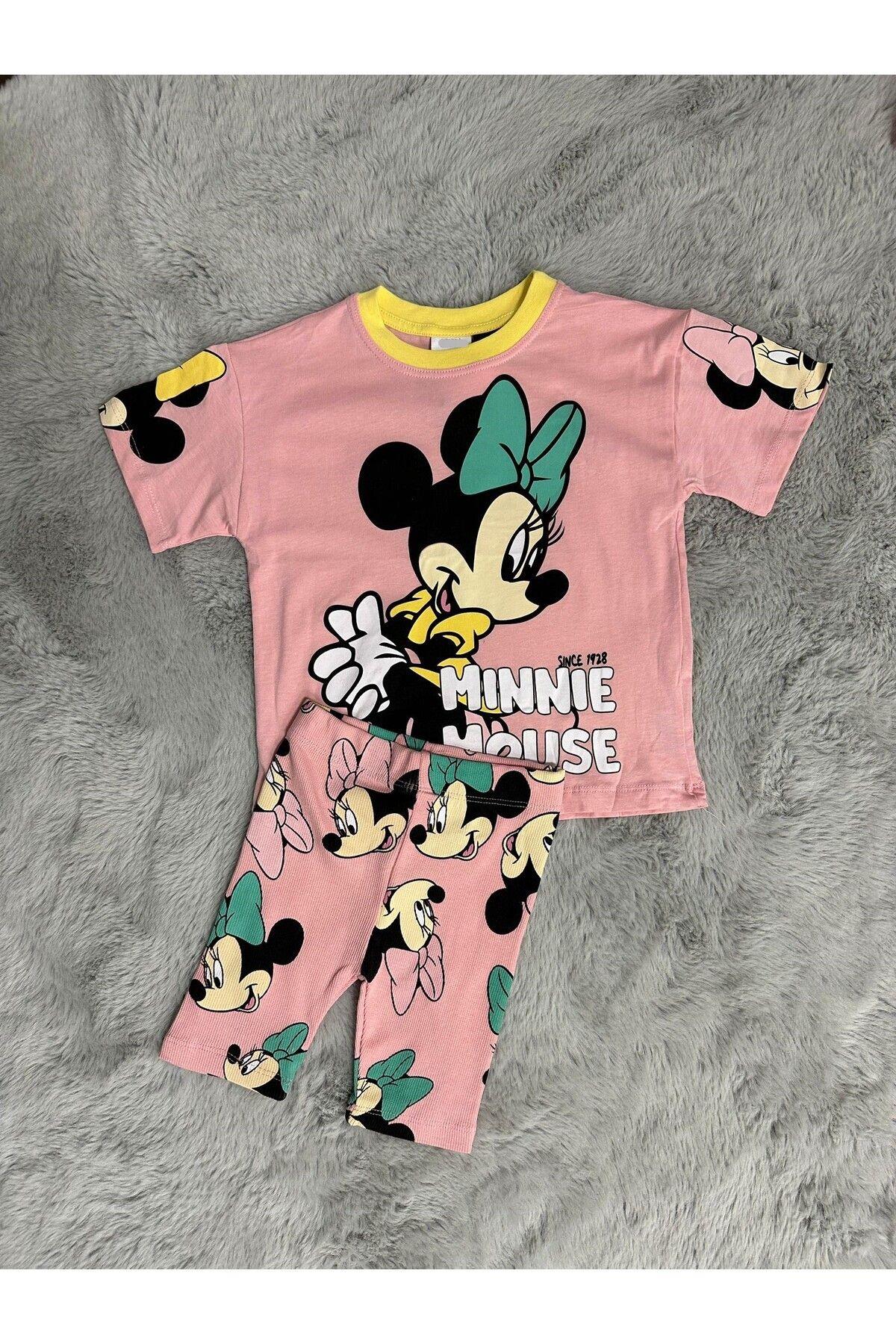 Kız Çocuk Minnie Mouse Baskılı Ve Tayt Şortlu Alt Üst Takım Şeker Pembe