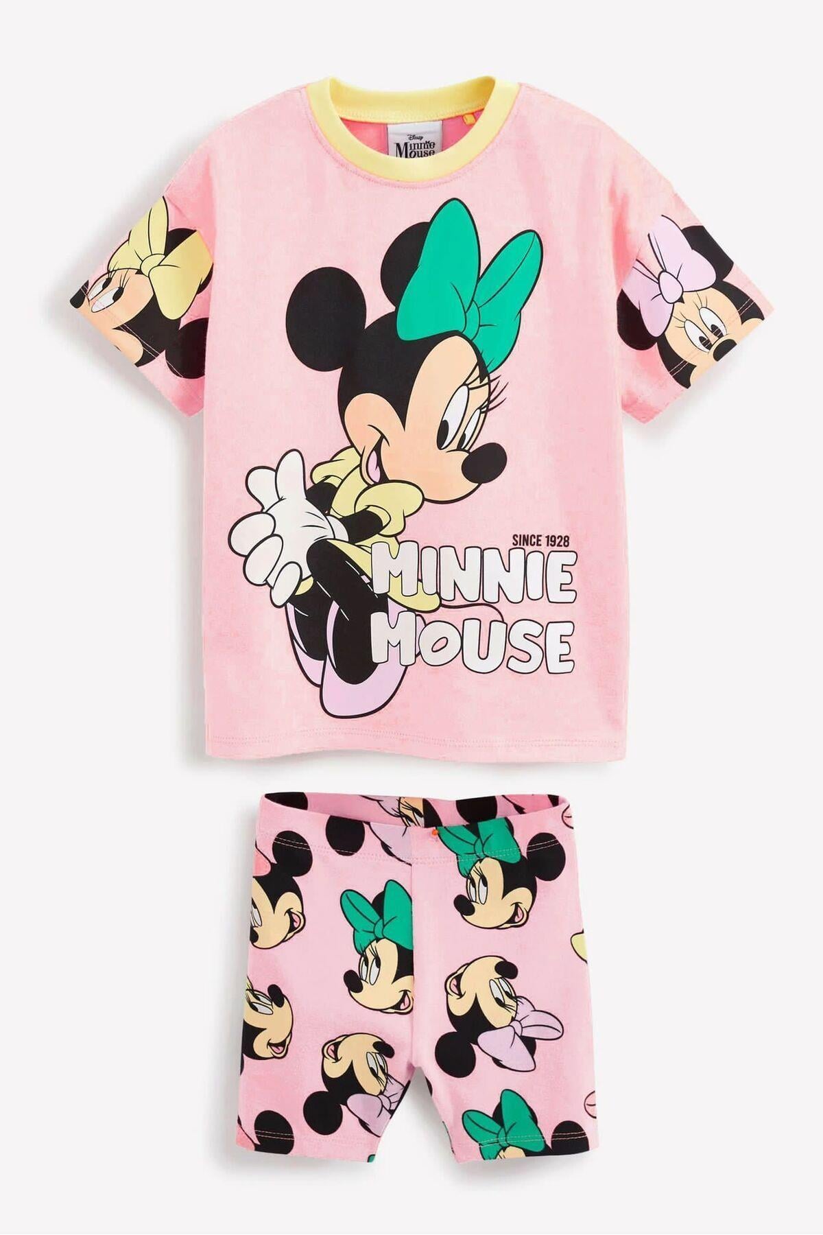 Kız Çocuk Minnie Mouse Baskılı Ve Tayt Şortlu Alt Üst Takım Şeker Pembe