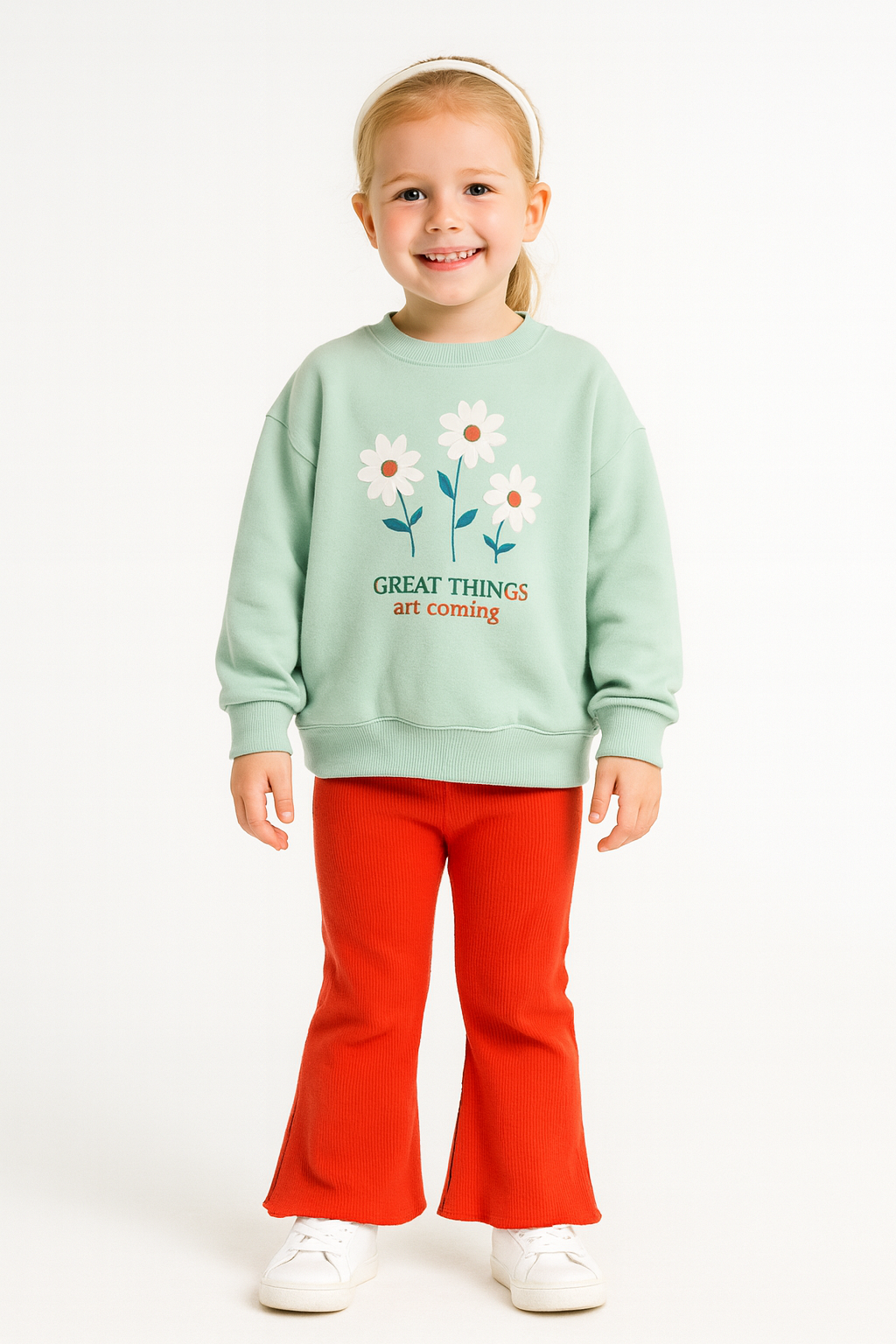 Kız Çocuk Papatya Desenli Sweatshirt-Fitilli İspanyol Paça Tayt Takım Narçiçeği