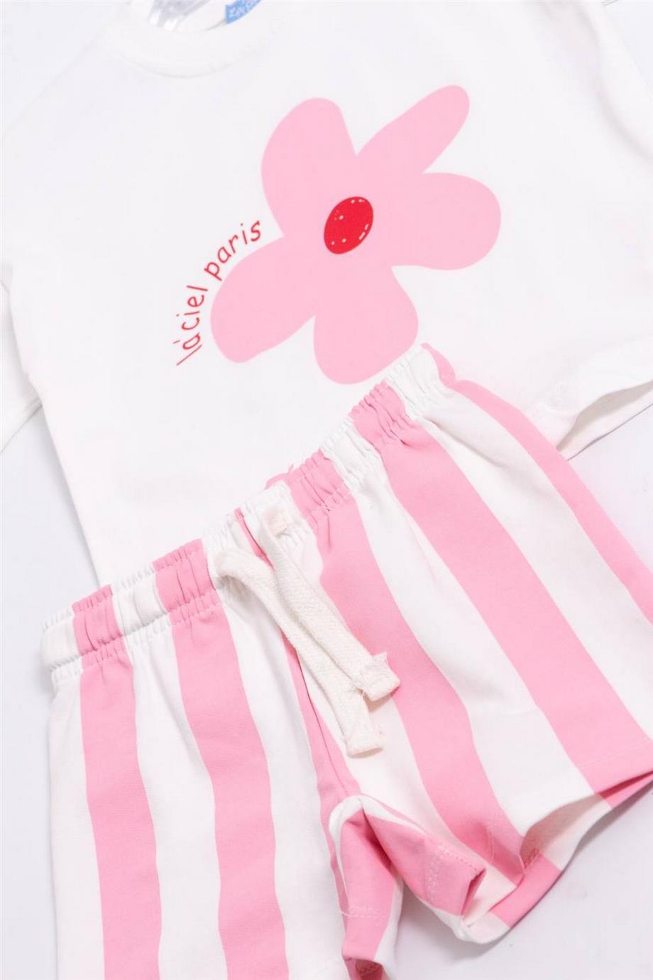 Kız Çocuk Pembe Çicekli T-Shirt Şortlu Alt-Üst Takım Beyaz