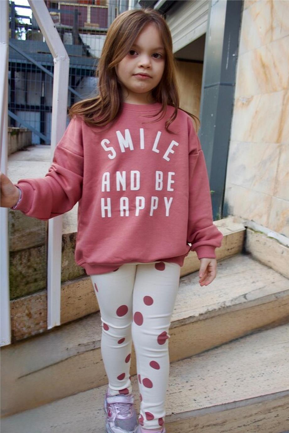 Kız Çocuk Smile And Be Happy Yazılı Sweatshirt-Benekli Şardonlu Tayt Alt-Üst Takım Pembe