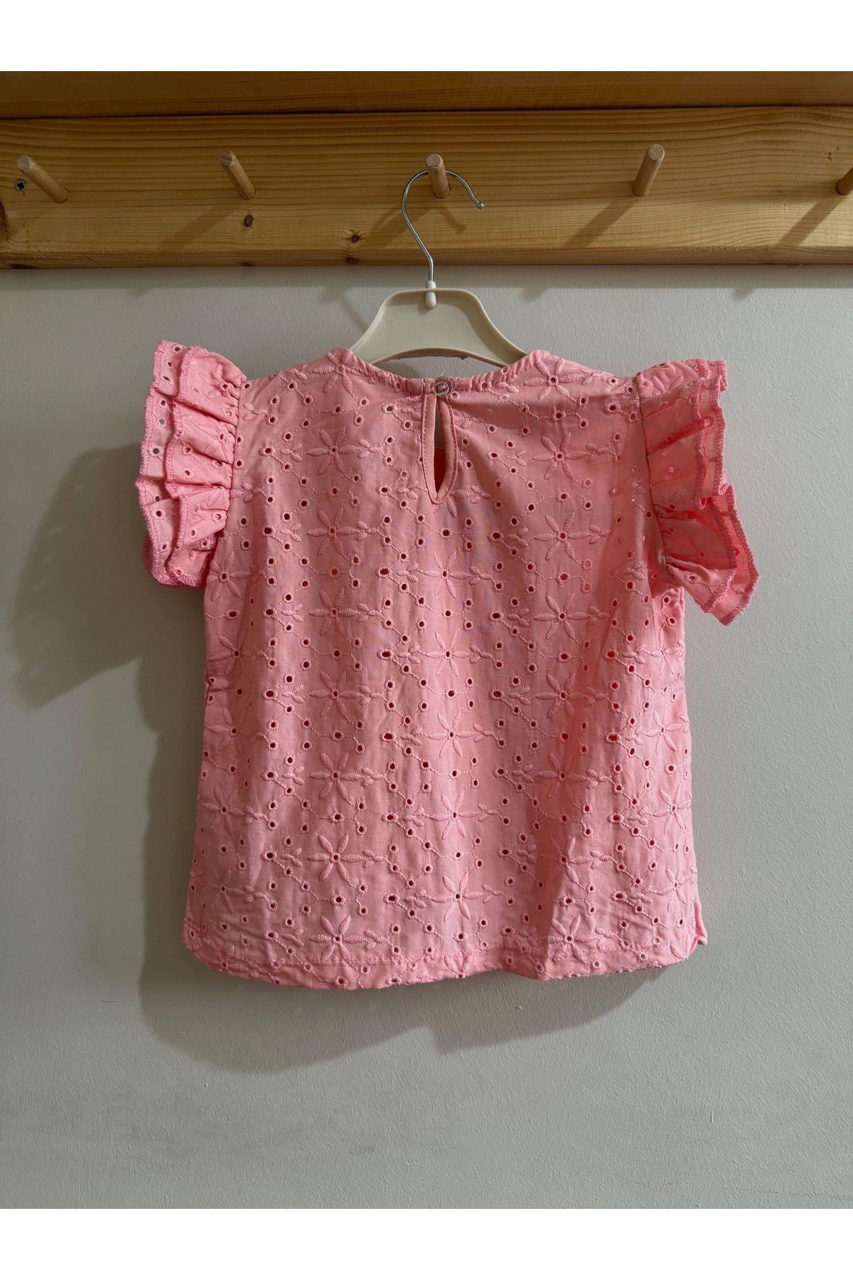 Kız Ocuk Fisto İşlemeli T-Shirt Pembe