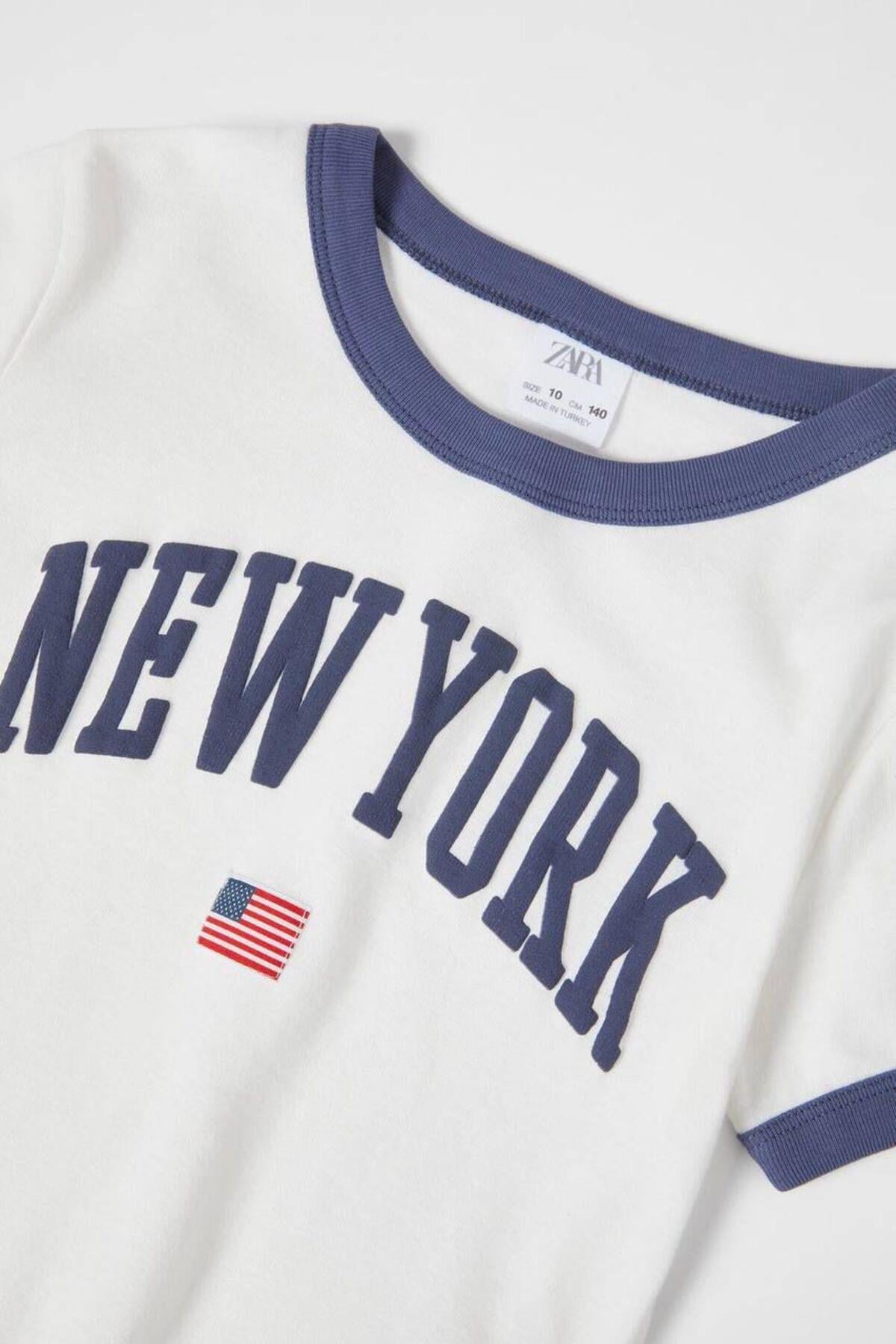 New York Yazılı Crop Tshirt Beyaz