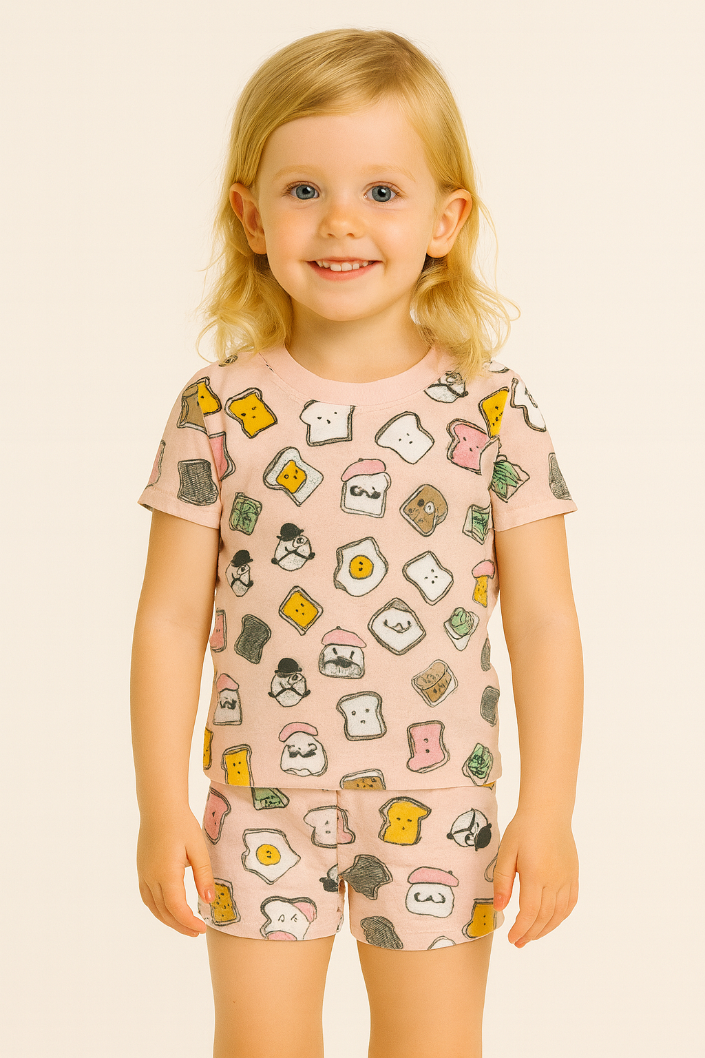 Nordstrom Funny Toast Baskılı Pamuklu Kısa Kollu Şortlu Çocuk Pijama Takımı Somon