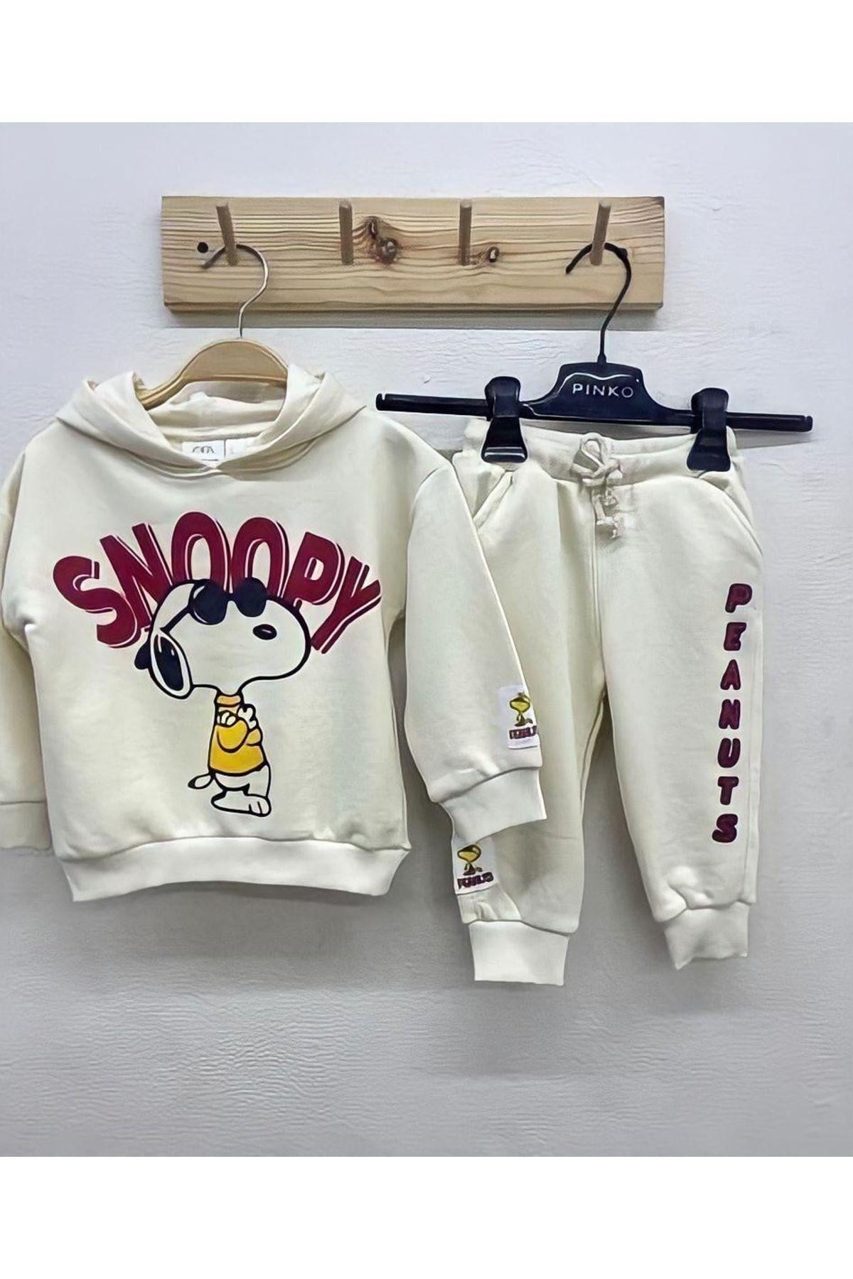 Snoopy Peanuts Baskılı Kapüşonlu Çocuk Alt Üst Eşofman Takım Ekru