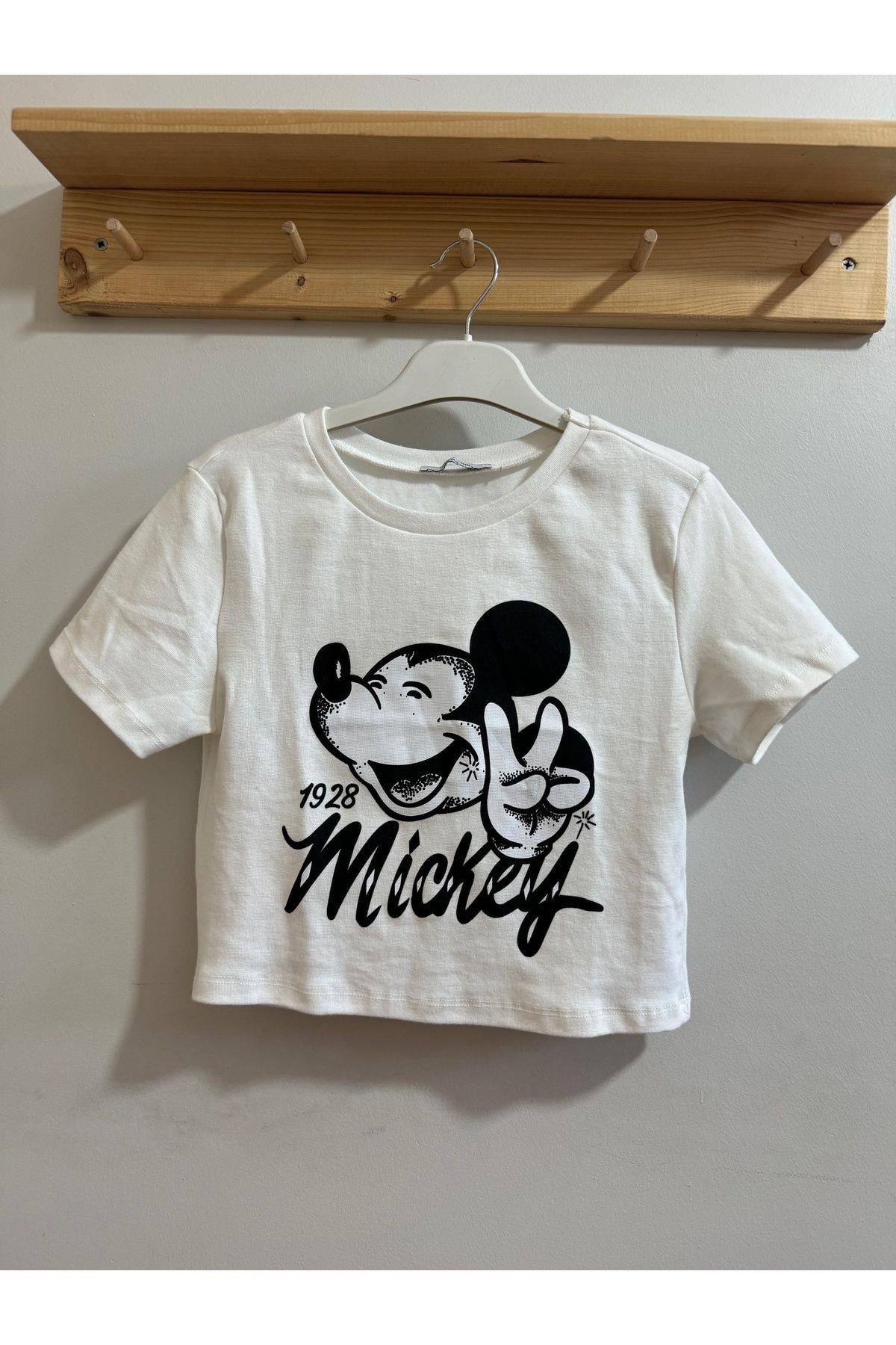T-Shirt Baskılı Crop Beyaz