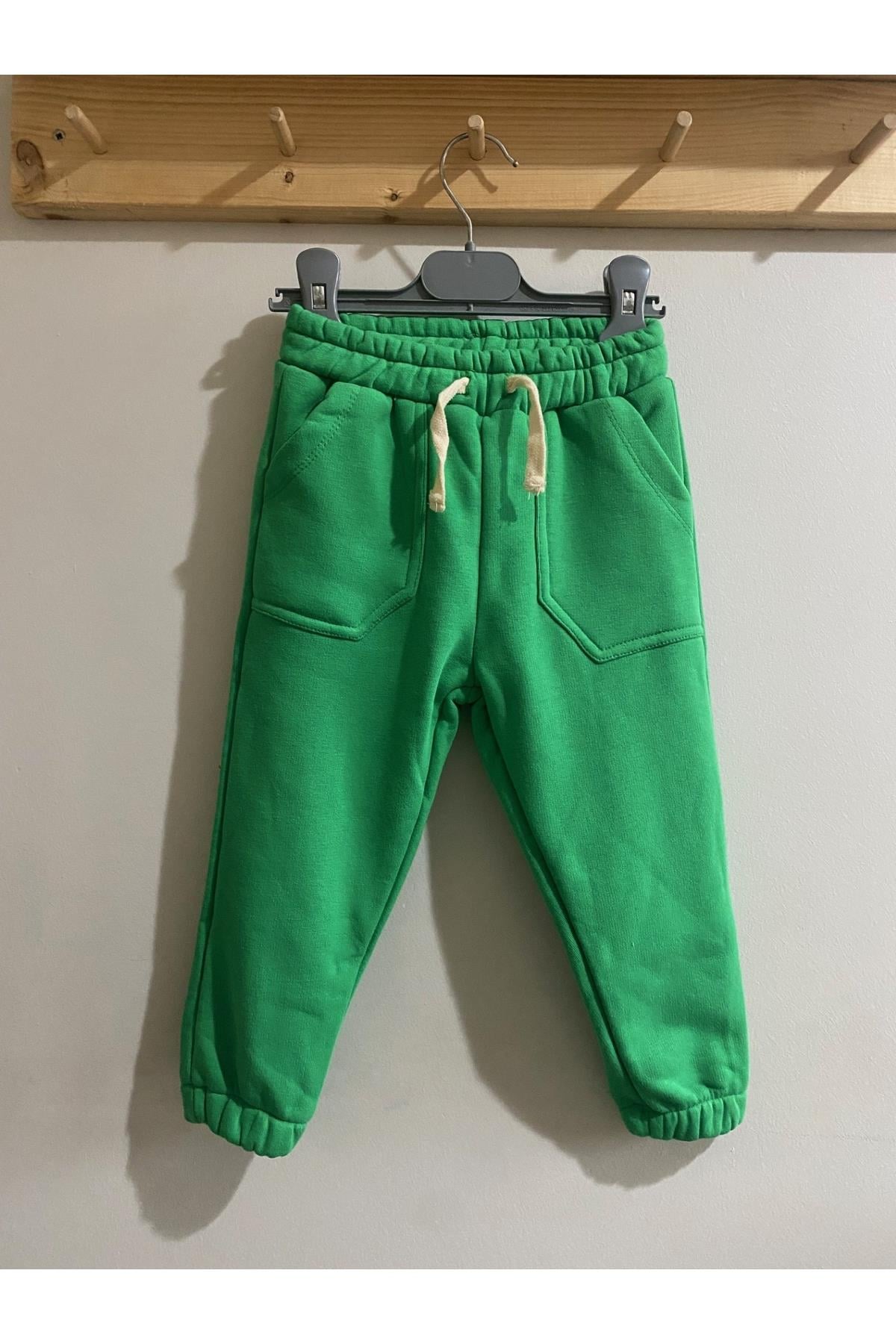 Unisex 3 İplik Pamuklu Kalın Beli Lastikli Eşofman Altı Yeşil