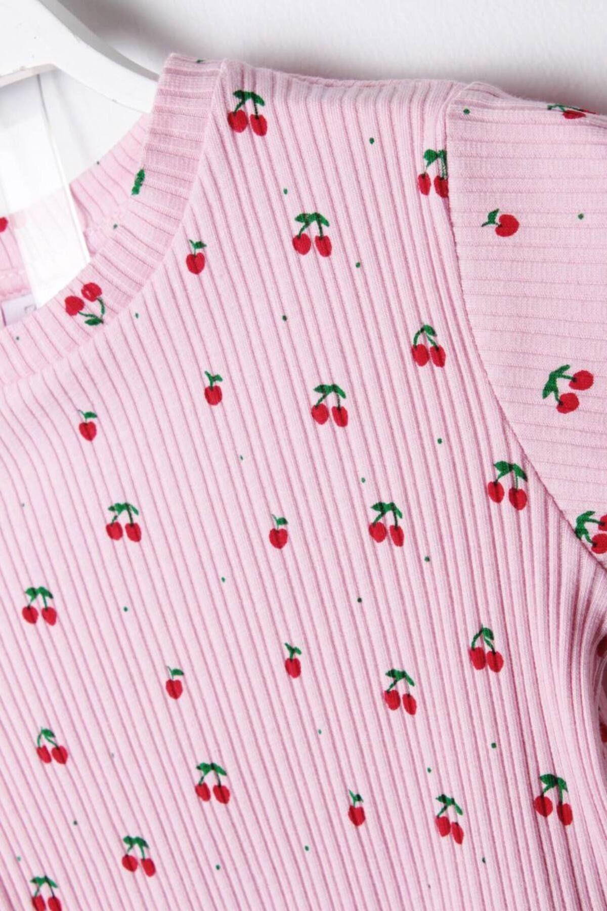 Yeni Sezon Kız Çocuk Kiraz Desenli Alt Üst Takım Pembe